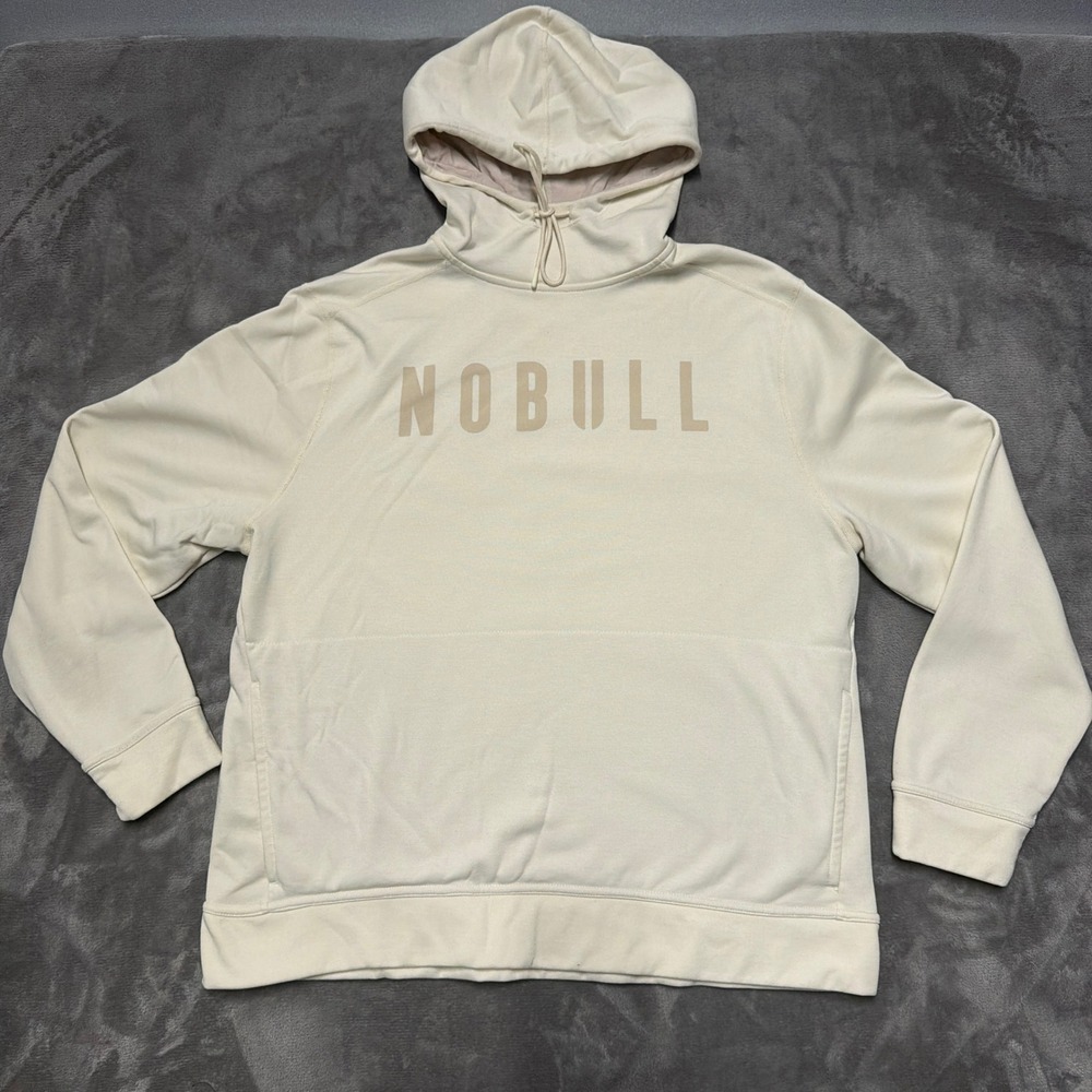 NOBULL Pullover Hoodie Mens XL Cream Logo Activewear Sweatshirt Gym Training